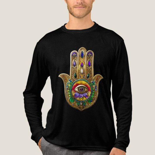 Painted Gold Hamsa Amethyst Ruby Third Eye Tri-Blend Shirt (Voorkant volledig)