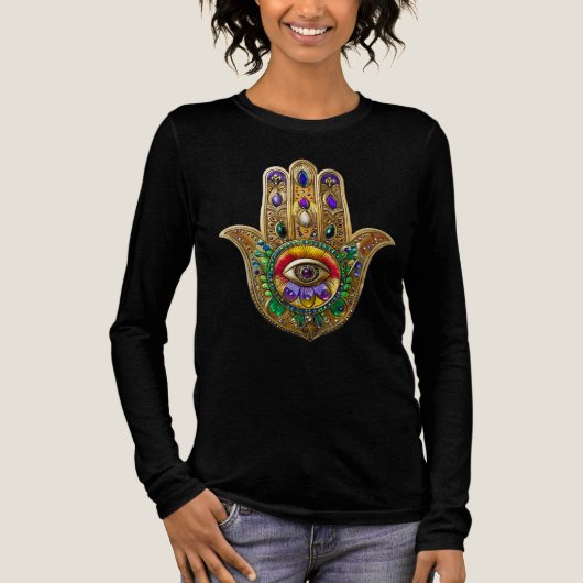 Painted Gold Hamsa Amethyst Ruby Third Eye Tri-Blend Shirt (Voorkant)