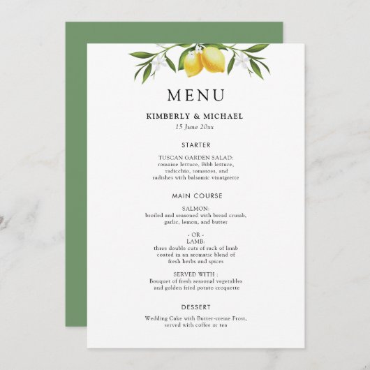 Painted lemons greenery foliage wedding menu (Voorkant / Achterkant)