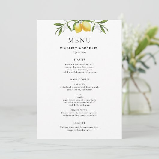 Painted lemons greenery foliage wedding menu (Staand voorkant)