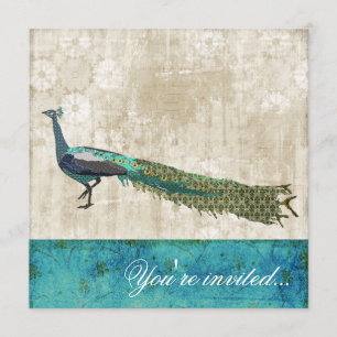 Painted Peacock Zee Blue & White Invitatio Kaart