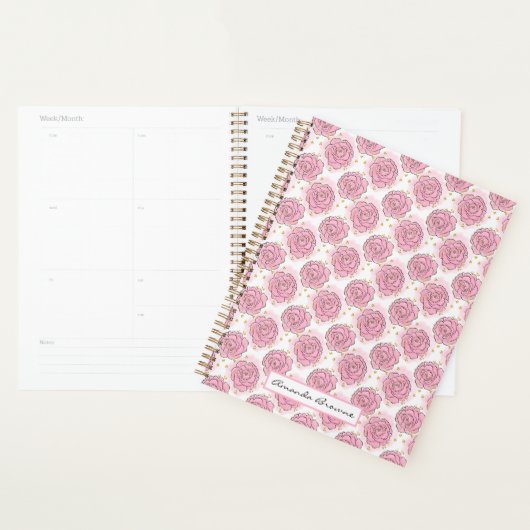Painted pink roses and gold glitter planner  (Devant avec enveloppe)