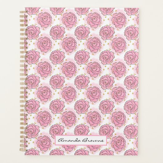 Painted pink roses and gold glitter planner (Devant)
