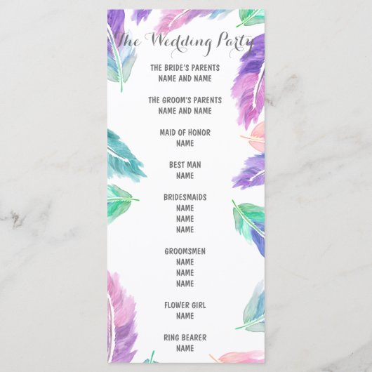 Painted waterverf Feathers Wedding Program Programma (Achterkant)