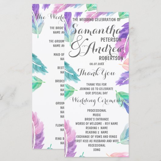 Painted waterverf Feathers Wedding Program Programma (Voorkant / Achterkant)