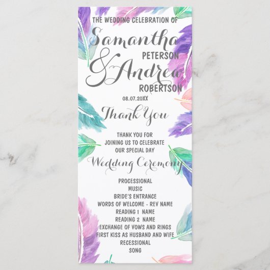 Painted waterverf Feathers Wedding Program Programma (Voorkant)
