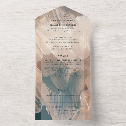 Painterly blauwgroen terracotta abstracte rsvp bru all in one uitnodiging (Binnen)