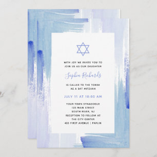 Painterly Blue Waterverf   Bat Mitzvah Kaart