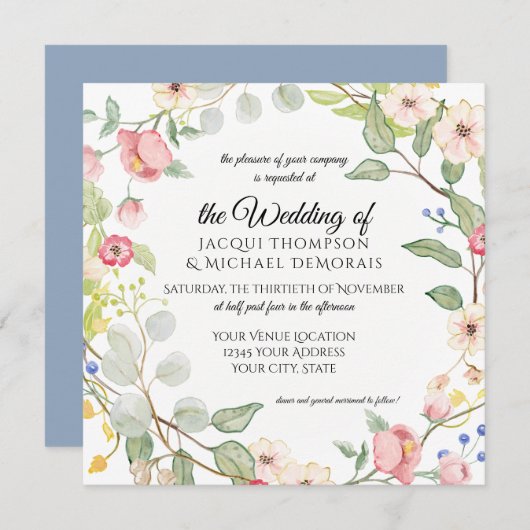 Painterly Dusty Blue Blush Pink Waterverf Floral Kaart (Voorkant / Achterkant)