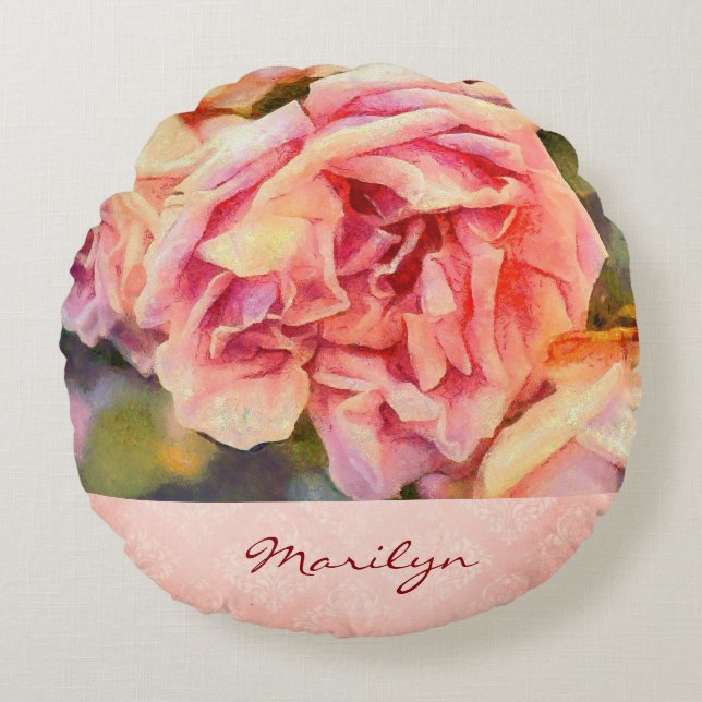 Painterly Pink Roses op Damask Monogramed Rond Kussen (Voorkant)