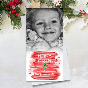 Painterly Rode Waterverf Kerstmis Holly Foto Feestdagenkaart