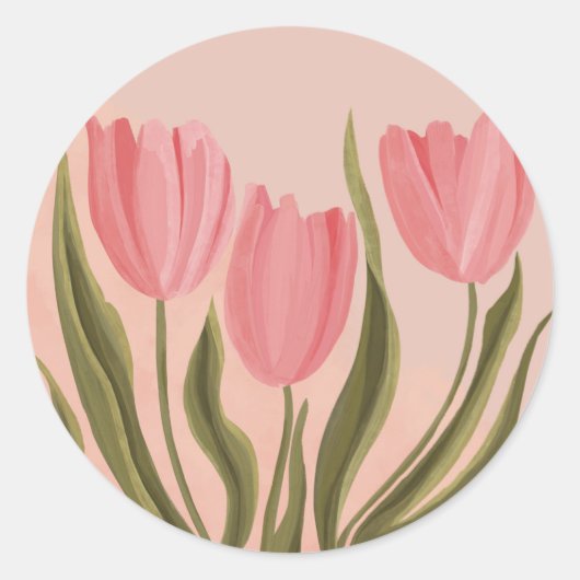 Painterly roze tulpen ronde sticker (Voorkant)