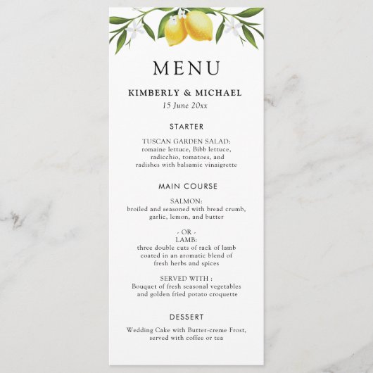 Paintes citrons verdure feuillage menu mariage (Devant)