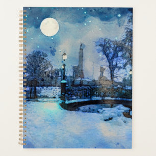Painting of winter night in city park