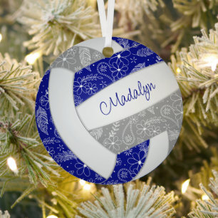 paisleuzen veren bloemenblauw grijs volleybal metalen ornament