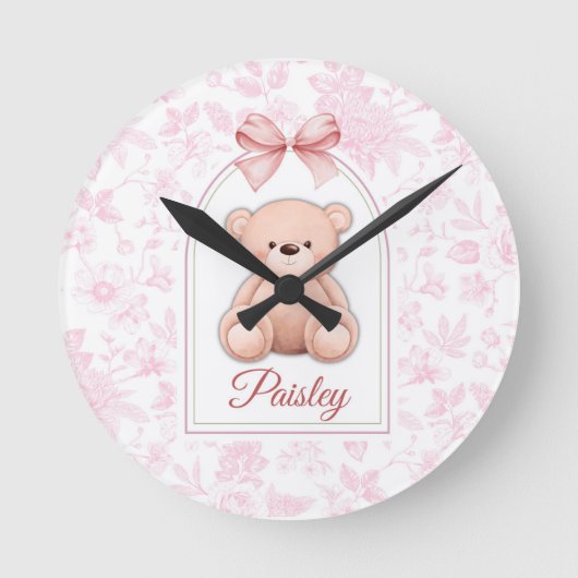 Paisley | Aangepaste Roze Teddybeer Nursery Design Ronde Klok (Voorkant)