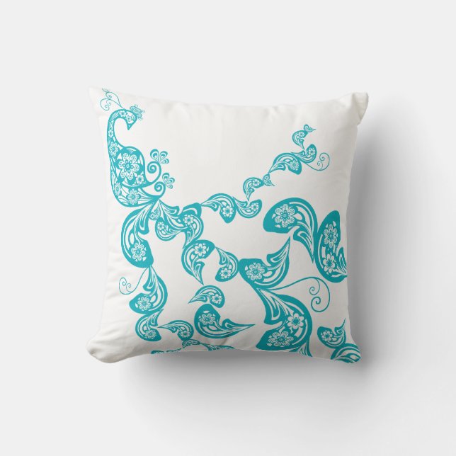 Paisley Art Deco Peacock Turquoise Blue Pillow Kussen (Voorkant)