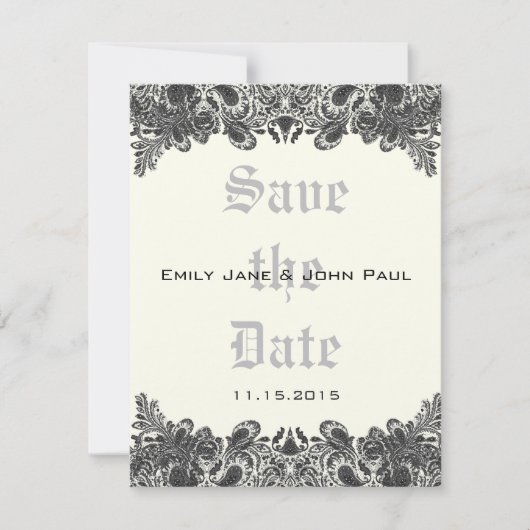 Paisley Black & Ivory Damask Wedding Save the Date (Voorkant)
