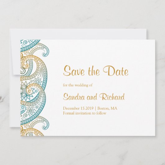 Paisley Blauwgroen & Goud Indische bruiloft Save The Date (Voorkant)