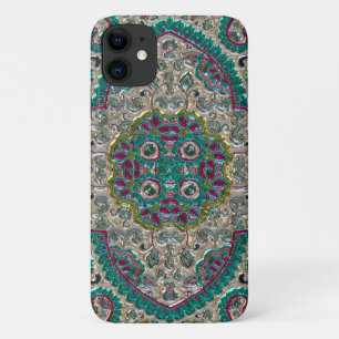 Paisley bloemmotief blauwgroen zilveren roze bohem iPhone 11 hoesje