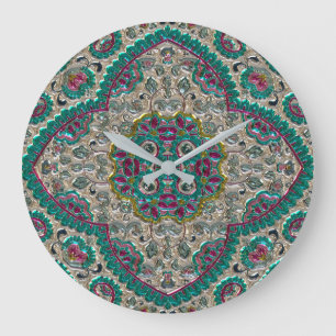 Paisley bloemmotief blauwgroen zilveren roze bohem grote klok