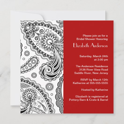 Paisley Bridal Shower Invitation Black & Red Kaart (Voorkant)