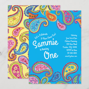  Paisley Colorful 1st Birthday Invitation Kaart