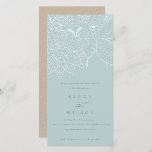 Paisley Dusky Blue Rehearsal Dinner Invite Bedankkaart (Voorkant / Achterkant)