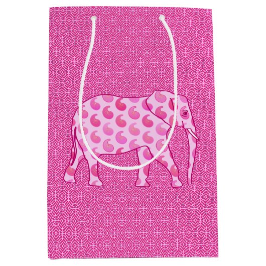Paisley Elephant, Ice Pink en Fuchsia Medium Cadeauzakje (Voorkant)