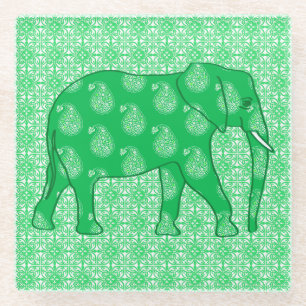 Paisley elephant - jade groen en wit glazen onderzetter