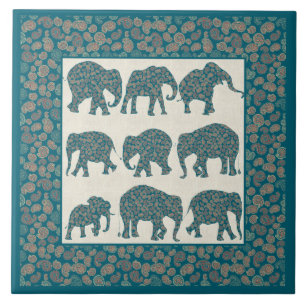 Paisley Elephants op beige en Border Ceramic Tile Tegeltje