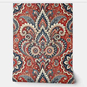 Paisley Floral Fusion in rood, wit en blauw Behang