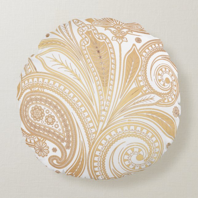 Paisley Gold Flourish Rond Kussen (Voorkant)