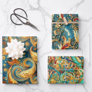 Paisley Golden Flower Abstract Patroon Set 1 Inpakpapier Vel