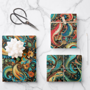 Paisley Golden Flower Abstract Patroon Set 3 Inpakpapier Vel