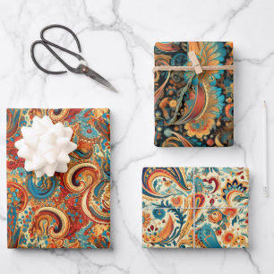 Paisley Golden Flower Abstract Patroon Set 4 Inpakpapier Vel