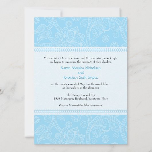 Paisley Impression in Blue Wedding Invitation Kaart (Voorkant)