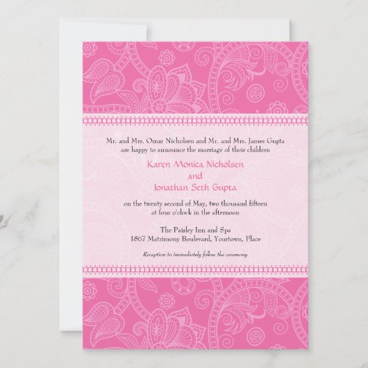 Paisley Impression in Pink Wedding Invitation Kaart (Voorkant)