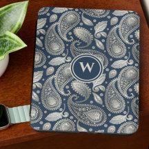 Paisley in marineblauw en elegante zilveren monogr
