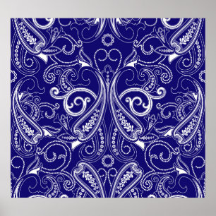 Paisley monochroom: blauwe, witte elegantie. poster
