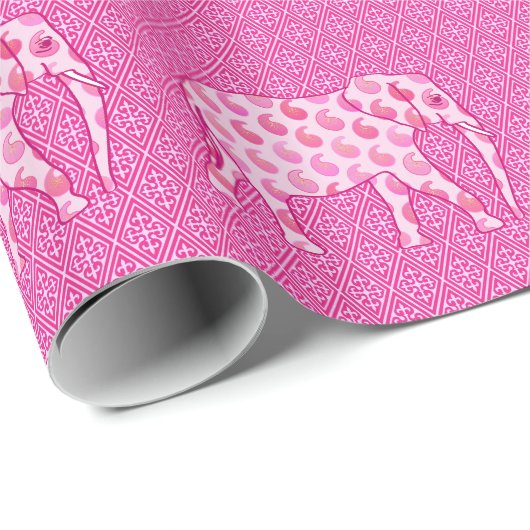 Paisley-olifant - ijsroze en fuchsia cadeaupapier (Rol Hoek)