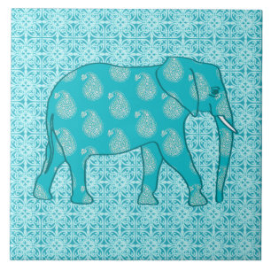 Paisley-olifant - turquoise en aqua tegeltje
