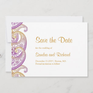 Paisley Paars & Goud Indiase Trouwdag Save The Date