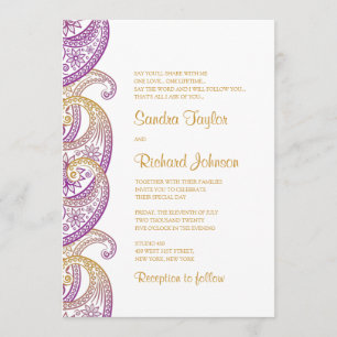 Paisley Paarse & Gouden Indiase bruiloft Kaart