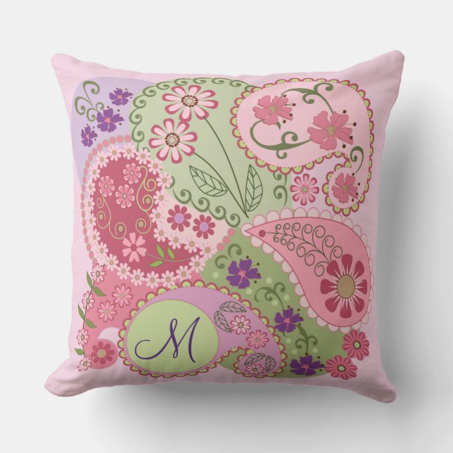 Paisley Patronen, Flowers en Custom Monogram Pillo Kussen (Voorkant)