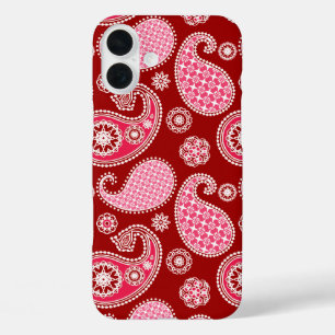 Paisley-patroon, donkerrood, roze en wit iPhone 16 plus hoesje