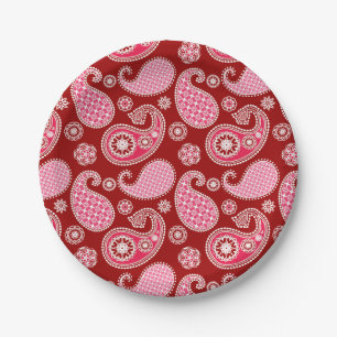 Paisley-patroon, donkerrood, roze en wit papieren bordje