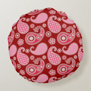 Paisley-patroon, donkerrood, roze en wit rond kussen