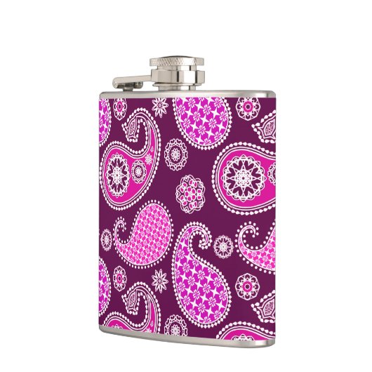 Paisley patroon, fuchsia roze, paars en wit heupfles (Links)