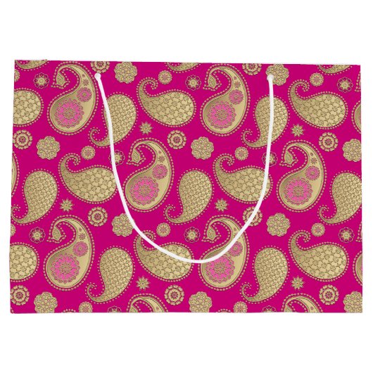 Paisley-patroon, Soft Gold op Deep Fuchsia Pink Groot Cadeauzakje (Achterkant)